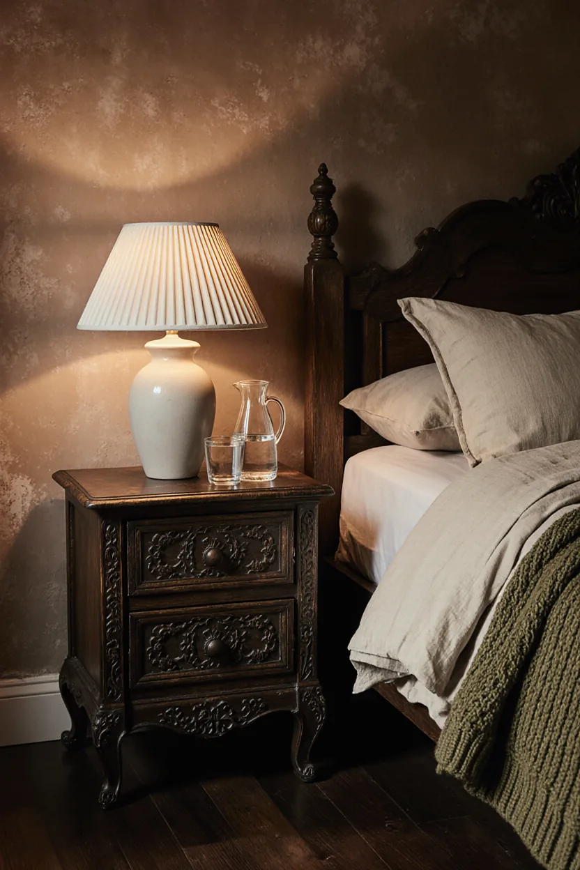 Carved dark wood nightstand with a glowing pleated lamp, glass pitcher and an olive knit throw on a dark wood bed