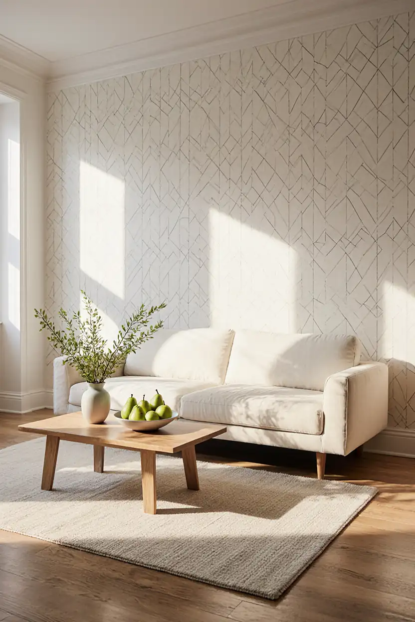 Cream sofa against a wall of fine geometric line wallpaper, with an oak coffee table, a vase and a bowl of pears